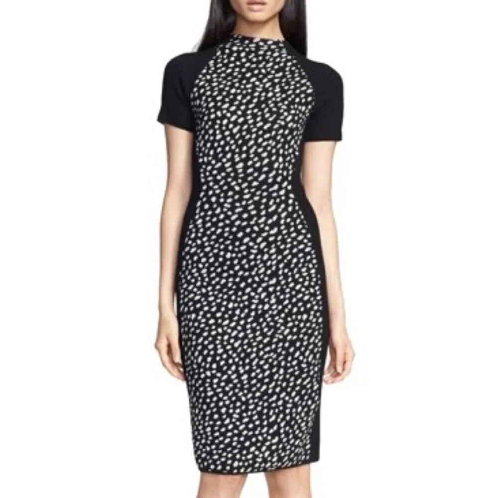 TORY BURCH Gemma Pony Dot Sweater Dress Merino Wool XS Stretch Dot Ribbed Black - Picture 2 of 8